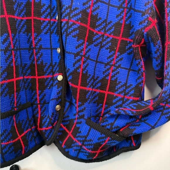 Vintage 80s Plaid Knit Sweater w/ Shoulder Pads & Pockets – Tally-Ho XL - Picture 3 of 8